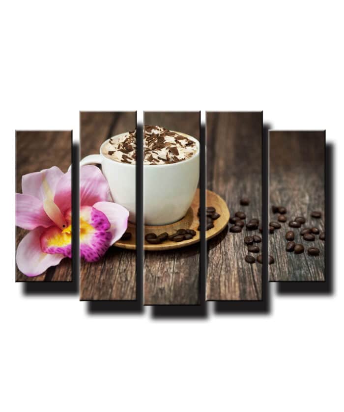 5 dielny obraz na stenu šálka kávy s orchideou