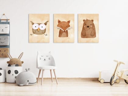 Hnede-obrazy-sova-liska-medved-Obrazy-pre-deti-Detske-obrazy-Set-obrazov-pre-deti-3-obrazy-pre-deti-Obrazy-do-detskej-izby