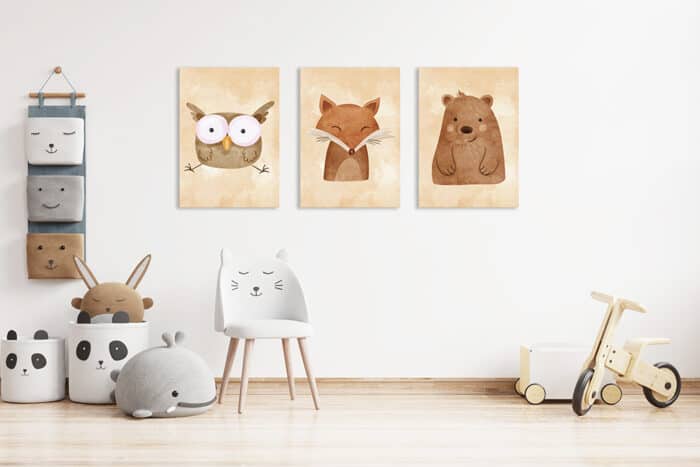 Hnede-obrazy-sova-liska-medved-Obrazy-pre-deti-Detske-obrazy-Set-obrazov-pre-deti-3-obrazy-pre-deti-Obrazy-do-detskej-izby