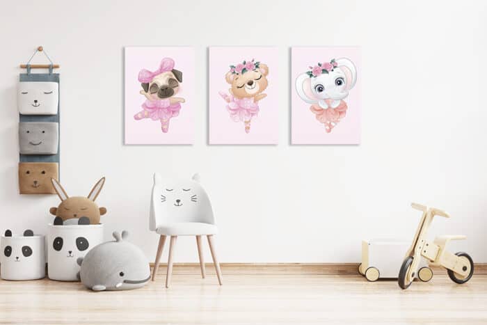 Ruzove-obrazy-pes-medved-slon-Obrazy-pre-deti-Detske-obrazy-Set-obrazov-pre-deti-3-obrazy-pre-deti-Obrazy-do-detskej-izby