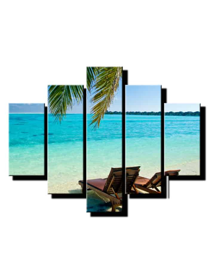 5 dielny obraz drevene lehatka na plazi-Viac dielny obraz-moderne obrazy na stenu