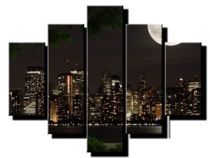 5 dielny obraz nocne mesto s mesiacom-Viac dielny obraz-moderne obrazy na stenu