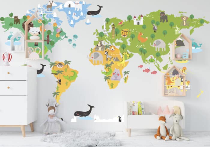 detska mapa sveta s vyobrazenim zvierat-Detska mapa sveta na stenu-Onlinefotka.sk