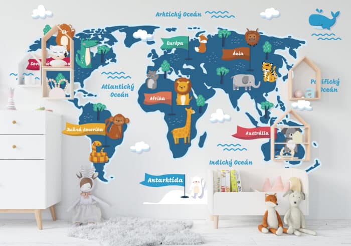 detska mapa sveta so zvieratami a nazvami kontinentov-Detska mapa sveta na stenu-Onlinefotka.sk