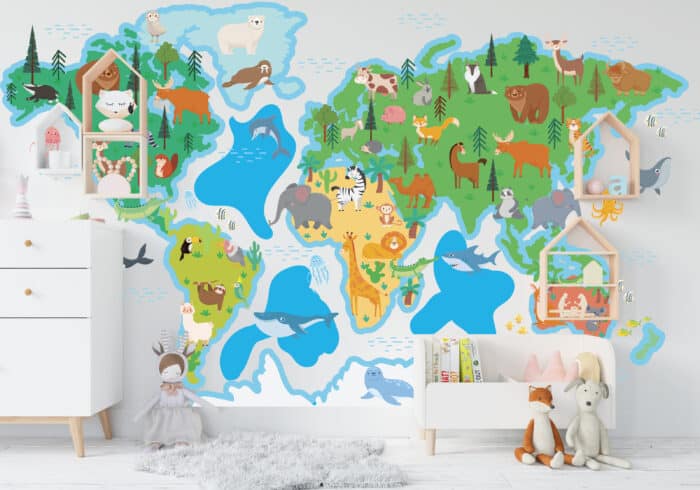 detska mapa sveta so zvieratami a s vodou okolo mapy-Detska mapa sveta na stenu-Onlinefotka.sk