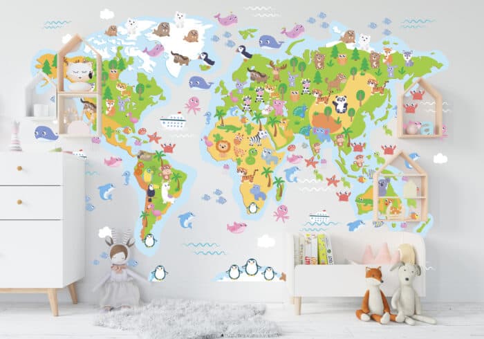 detska mapa sveta so zvieratami malymi aj morske zivocichy-Detska mapa sveta na stenu-Onlinefotka.sk