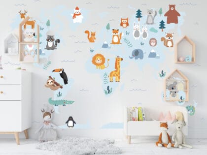 detska mapa sveta so zvieratami modry odtien vodnefarby-Detska mapa sveta na stenu-Onlinefotka.sk