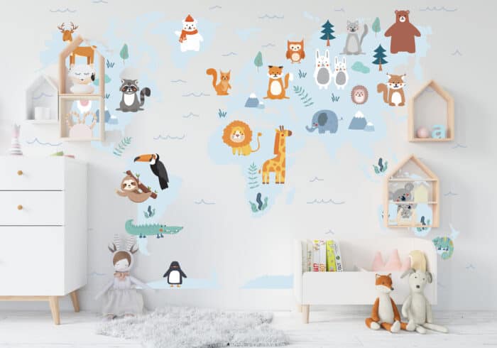 detska mapa sveta so zvieratami modry odtien vodnefarby-Detska mapa sveta na stenu-Onlinefotka.sk